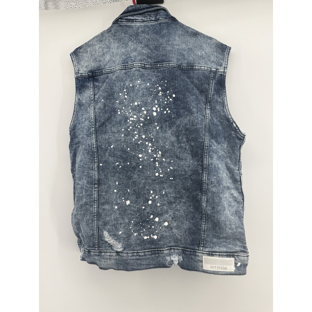WT02 Men's M Denim Vest Acid Wash Paint Splatter Distressed Jean Jacket NWT - Picture 8 of 12